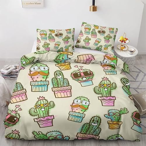 NIYAKA Kaktus Bettwäsche 135x200 - Karikatur Bettbezug 2er Set mit 1 Kissenbezug 80x80 cm, Weich & Warme & Angenehm Mikrofaser Bettwäsche-Sets mit Reißverschluss