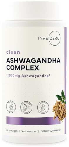 Type Zero KSM-66 Ashwagandha Root Extract 1,200mg, 60 Servings - High Potency 5% Withanolides - with Turmeric, Rhodiola Rosea and BioPerine Black Pepper Extract - 180 Veggie Caps