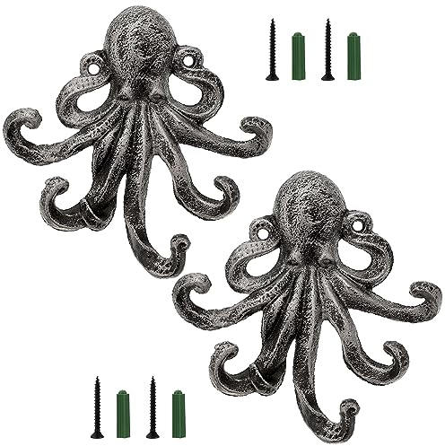 TOLIDA 2 Stück Krakenhaken Dekorativer Gusseisen Oktopus 5 Tentakel Wandhaken Wandmontierter Schlüsselhaken Garderobenständer Handtuchhalter Tier Kleiderhaken für Mantel Handtuch Taschen Silber