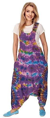 Kunst und Magie Tie Dye Batik Latzhose Damen Haremshose Hose Psy Goa 70er Overall Boho Jumpsuit Bunt