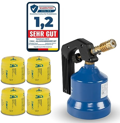 Z.M.C Brûleur à gaz 2,2 kW + 4 cartouches de gaz de 190 g - Brûleur de cuisine avec flamme réglable - Brûleur pour camping, chalumeau à souder pour brasage tendre ou dur