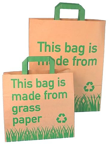 250 Bio Graspapier Tragetaschen Papiertragetaschen Gras Papiertüten mit Neutralmotiv extrastark 125g/m² versch. Größen - Inkl. VerpackG in D (26+17x25cm)