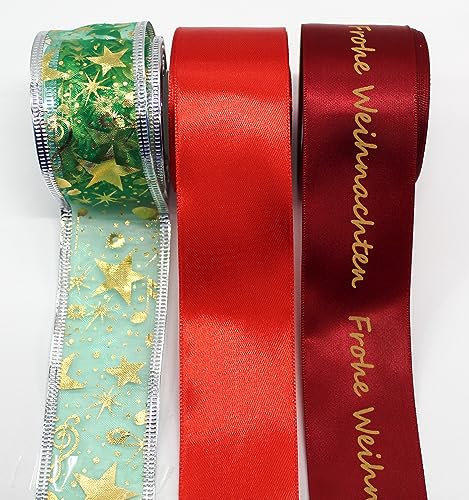 CaPiSo Mix-Set 3 Farben je 10m Satin-Schleifenband 40mm Lurexband Glitzerband Geschenkband Dekoband mit Draht Dekoration Drahtkante Weihnachten (End 06)