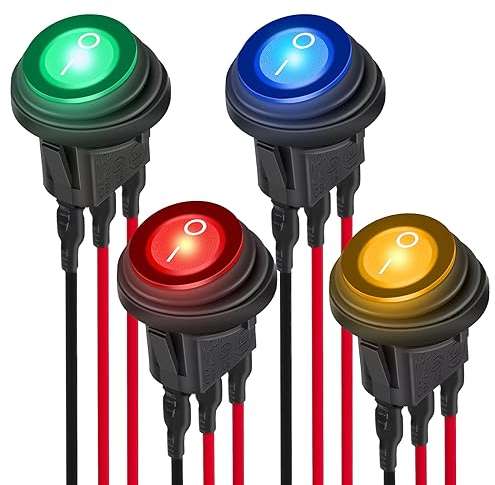 EEEKit Interrupteur 12V Etanche, 4 Pièces Interrupteur à Bascule Rond, 20A SPST 3 Broches avec LED Marche/Arrêt et Câbles Pré-soudés 20CM pour Bateau Voiture
