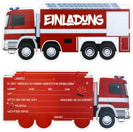 Aitsite 12x Einladungskarten Kindergeburtstag - Feuerwehrauto Geburtstagsfeier Kinderparty Einladungskarte - Mädchen Jungen Kinder Eintritt Einschulung und Geburtstagseinladungen