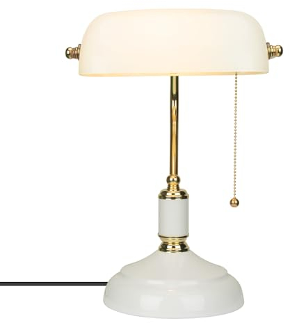 FIRVRE Goldweiß Bankerlampe Schreibtischlampe Tischleuchte Mit Glas Schwenkbarer Lampenschirm Kettenriemenschalter für Büro Bibliothek Studierzimmer Arbeitszimmer Schlafzimme