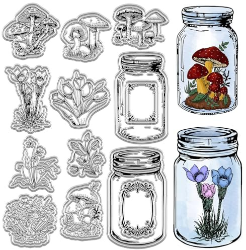 CRASPIRE Vintage Bottle Clear Rubber Stamp Glass Jar Plants Mushroom Flowers Transparent Silicone Seals Stamp Retro for Journaling Card Making DIY Scrapbooking Handmade Photo Album Notebook Decor
