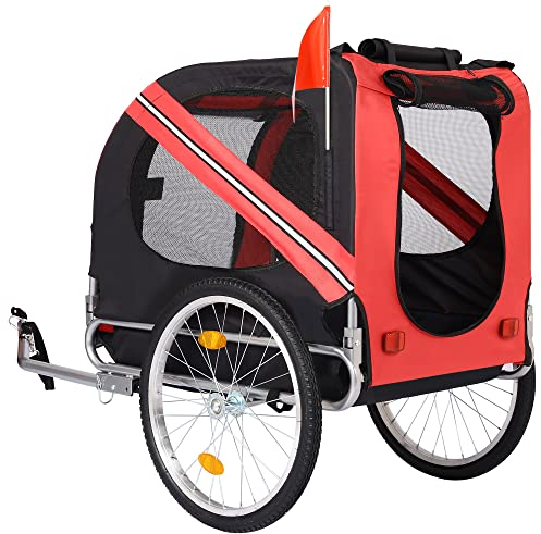 SPOFLYINN Fahrrad Hundeanhänger Faltbarer Wagenrahmen mit 3 Eingängen Sicherheitsflagge 8 Reflektoren, 50,8 cm Hinterräder, Schnellumbau Fahrradträger für mittelgroße kleine Haustiere, Rot wie