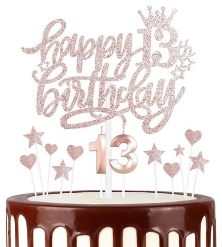 mciskin Girls 13th Happy Birthday Candles Cake Toppers, Number 13 Candle for Cake, Rose Gold Candles for Women Birthday Decorations, Heart Star Cake Toppers for 13th Birthday Party Wedding Anniversary