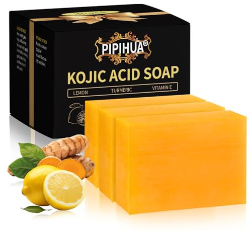 PIPIHUA Lemon Kojic Acid Soap, Turmeric Soap Bars, Gentle Soap for Acne with Collagen, Turmeric, Hyaluronic Acid with a Foaming Net(3x100g)