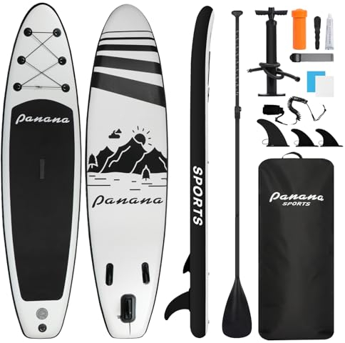 Panana Aufblasbares Stand Up Paddle Board 305x76x15cm mit Premium SUP Board Zubehör, Surfbrett Surfing Board Kit, Verstellbares Paddel, Hand Ultra-Leicht, Rutschfestes Deck Schwarz