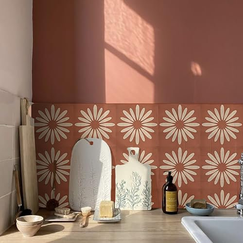 Alwayspon Tile Sticker, Red White Floral Self Adhesive Stick on Tiles Transfer Sticker for Bathroom Kitchen, Splashback, Peel and Stick Vinyl Floor Wall Tiles Sticker, 10PcsX15cm/6inch