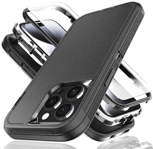 YmhxcY for iPhone 15 Pro Max Case 6.7-Inch with Explosion-Proof Screen Protector,3 in 1 Shockproof TPU Hard PC Bumper Drop-Proof Shell for iPhone 15 Pro Max-Black