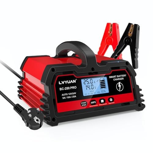 Autobatterie Ladegerät 25A 12V/24V Batterieladegerät Auto Vollautomatisches Intelligentes Erhaltungsladegerät mit LCD-Bildschirm, Ladegeräte für Autobatterien 12V LiFePO4 Batterie