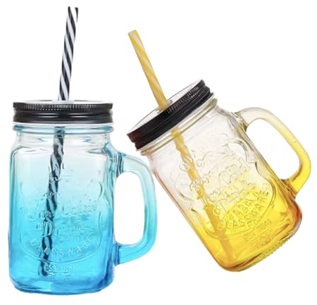 CozyHomeWare 2 Pack 500ml Glass Mason Drinking Jars with Handles, Bottles Party Drink Glasses + Lids and Colored Straws, Drinking Mugs for Beverages, Cold Drinks, Summer Drinks- Yellow and Blue