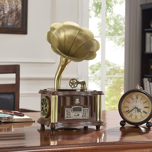 Gramophone à Platine Vinyle, Mini Tourne-Disque Gramophone rétro, avec Bluetooth dans la Radio USB FM, Peut être utilisé par télécommande et Fonction Bluetooth, Excellent Cadeau de Collection pour la