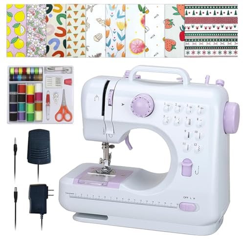 Stoigeld - Máquina de coser para principiantes, kit de 64 hilos de coser, máquina de coser portátil con 12 puntadas integradas, 2 velocidades (velocidades alto-bajas), 2 métodos de fuente de