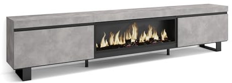 Skraut Home | Meuble TV | Banc Télé | Grand Espace de Rangement | 267x57x35 cm | TV Grand Format | Cheminée électrique XXL | Design Industriel | Style Moderne | Ciment