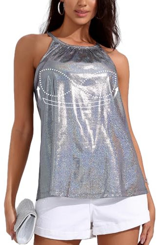 ANYFITTING Neckholder Camisole Tops mit Integriertem BH Pailletten Oberteil Damen Ärmellose Party Club Tank Tops Shirt Cocktail Vest Shirt Funkelndes Schwarz M