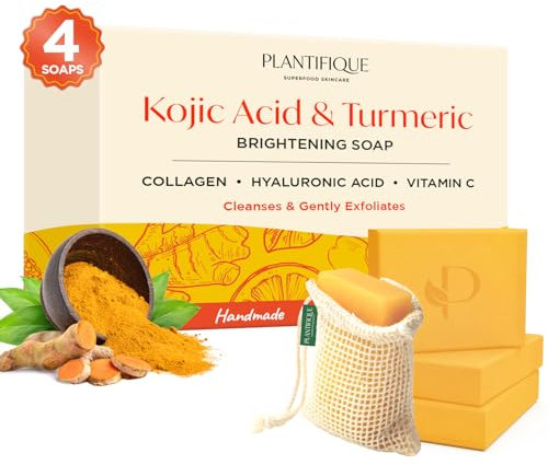 PLANTIFIQUE Turmeric & Kojic Acid Soap - 4 Kurkuma Seife Stück für Gesicht, Für Hyperpigmentierung & Dunkle Flecken - Mit Kojisäure, Kollagen, Vitamin C - inklusive Seifensäckchen, 320 g