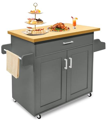 NAIZY Küchenschrank Küchenwagen mit Arbeitsplatte & Rollen & Schubladen Küchenwagen Abschließbar Servierwagen, 115x36x90cm (Grau)