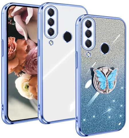 WOWUDI Hülle für Huawei P30 Lite Handyhülle Weich Silikon mit Schmetterling Ständer Schutzhülle Glitter Bling Phone Case für Huawei P30 Lite- Blau