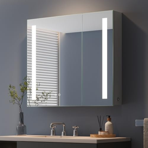 Dripex Spiegelschrank Bad mit Beleuchtung Grau, Glasablage und Steckdose, Badezimmerschrank mit Spiegel 2-türig, Beschlagfrei, Dimmbar, 3 Lichtfarbe Einstellbar 66 x 76 cm Verbesserte
