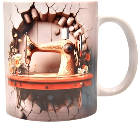 Shopi Zone Taza de Cerámica con Diseño de Máquina de Coser Clásica y Flores - Estilo Rústico y Elegante