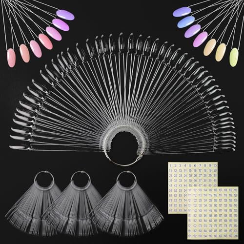 200 Pcs Nail Swatch Sticks Clear Plastic Nail Colour Display Tips with Metal Ring and 1-200 Numbered Stickers for Art Design Practice for Salon and Beginners
