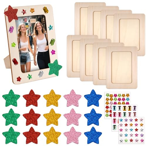 Lytonix 8 Piezas Marco de Foto Decoración, 19x14cm Marcos de Madera para | Manualidades con Pegatinas de Strass, Estrellas, Marco de Fotos para Pintar, Marcos Vacíos DIY para Decoración de Mesa y
