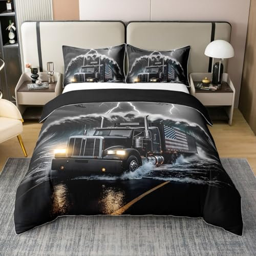 Homewish 3D Trucks Bettbezug 100% Baumwolle für Jungen Kinder Teenager Dekorative Bettwäsche Set 135x200 Blitz Riesige Wellen Tröster Abdeckung Schwarzes Cooles Auto Bett Set
