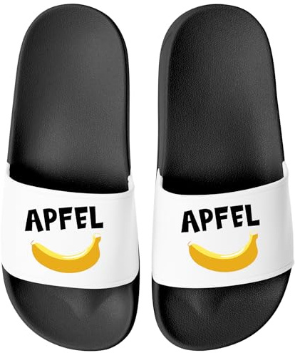 MoonWorks® Badeschlappen mit Apfel-Banane Motiv Badelatschen mit witzigem Aufdruck Unisex Pool Slides für Männer & Frauen Schwarz-weiss 37