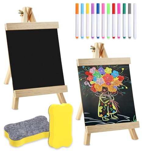GZYYANG 2 Stück Kleine Tafel, 28cm Mini Kreidetafelstaffelei | Schiefertafel zum Beschriften,12 Kreidefarben, 2 Schwamm, für Preisschilder Buffettisch Geburtstag Hochzeit, Namens, Party