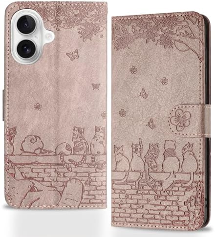 Butnyeoe Coque pour iPhone 17 Rabat,Housse Pochette iPhone 17 Clapet,Portefeuille Etui avec Porte-Carte et Dragonne,Chats/Fleur PU Cuir/Antichoc Flip Folio Case.Violet Rosé