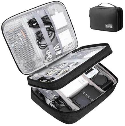 3-Tier Travel Electronics Organizer, Waterproof Cable Storage Bag with Double Layer Compartments for Power Banks, Tablets and Cords