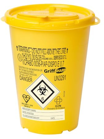 G+N Medical Sharps Disposal Container 0.7 Litre For Needles | Sharps Bin, For Needles, Lancets, Syringes, Tattoo & Beauty Waste, Puncture Resistant, Secure Closures, Regulation Compliant