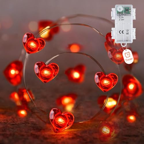 Heart Fairy Lights 2M,20 LEDs Warm White on Silver Wire with Red Heart Shapes Battery Operated with Timer for valentines day decorations,Weddings,Mother’s Day,Anniversaries,Bedrooms (Indoor/Outdoor)