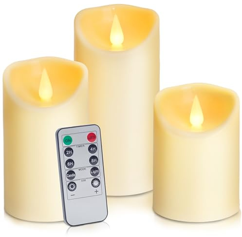 Auralome Led Kerzen mit Timerfunktion - Elektrische Kerzen Outdoor D7.5 cm Led Stumpenkerzen Flackernde Flamme Batterie LED Candles mit Fernbedienung Aussen Künstliche Flamme Kerze 3 Stück