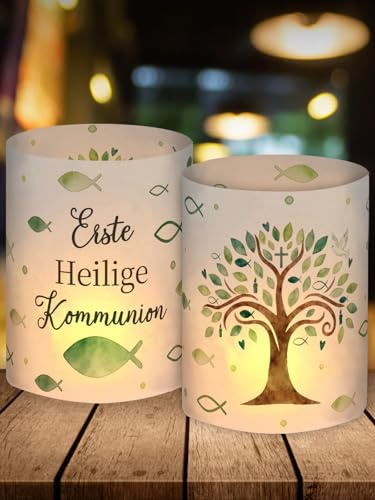 12 Windlicht Tischdeko, Erstkommunion Deko Junge Mädchen, Erste Heilige Kommunion Deko Grün, Kommunion Geschenke Gastgeschenke, Kommunionsgeschenke, für Teelichter oder Kerzen