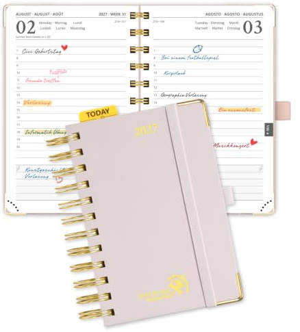 POPRUN Kalender 2027 Taschenkalender A6 1 Tag 1 Seite mit Hardcover | 12-Monate-Terminplaner(Jan.2027-Dez.2027), Spiralbuch Tageskalender, 70 GSM Papier, für Büro & Studium(Hellrosa)