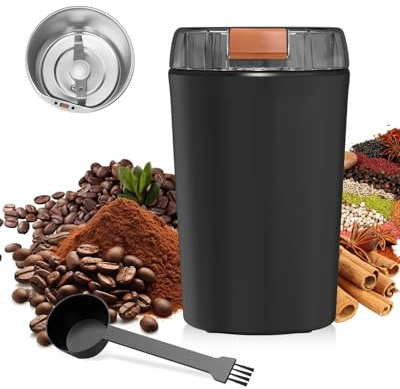 Kaffeemühle, 80g Elektrische Kaffemühle, 350W Motor für Bohnen und Gewürze, Grob und Feinmühle, One-Touch-Sicherheitsdesign, Tragbare Elektrischer Grinder mit Reinigungsbürste, Edelstahl