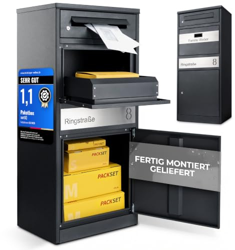 SortiQ Paketbox|XXL Paketfach|1 Briefkästen|Starkregentest|fertig montiert | Freistehend, Außen, Sicherheitsschloss, 3 Schlüssel, Entnahmebarriere, Diebstahlschutz, pulverbeschichtet, 112×50×37 cm