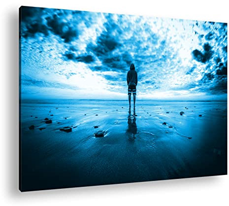 deyoli einsam am Strand von Malibu Format: 120x80 Effekt: Monocrome Blau als Leinwand, Motiv fertig gerahmt auf Echtholzrahmen, Hochwertiger Digitaldruck mit Rahmen