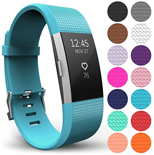 Yousave Accessories Armband Kompatibel mit Fitbit Charge 2, Ersatz Fitness Armband und Uhrenarmband, Silikon Sportarmband und Fitnessband, Wristband Armbänder für Fitbit Charge2 - Groß, Cyan