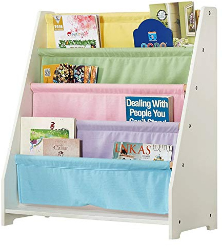 Kids Bookshelf Sling Bookcase for Children | 4 Tier Storage Book Rack with Canvas Pocket - Child's Wooden Book Display Shelves for Bedroom Nursery Kindergarden (White)