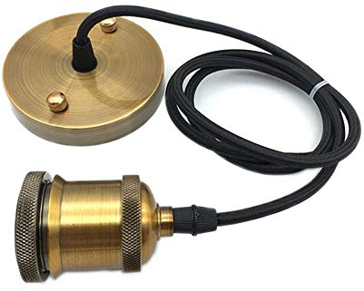 Icole Vintage Pendant Light Fitting, Modern Retro Industrial Style E27 Gold Bronze Lamp Holder Gold Bronze Ceiling Rose, Black Braided Flex Cable