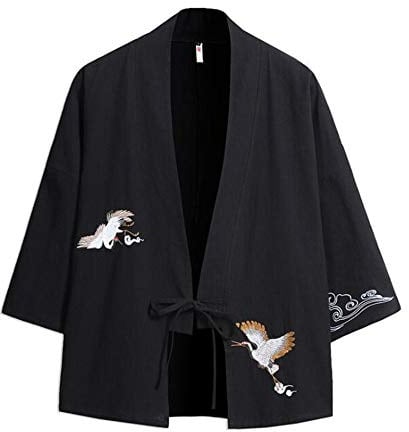 Black Sugar Kimono Uomo Tradizionale Nero Cotone Di Buona Qualità Gru Borderia Giapponese Top Giacca Giacca, Nero , XL