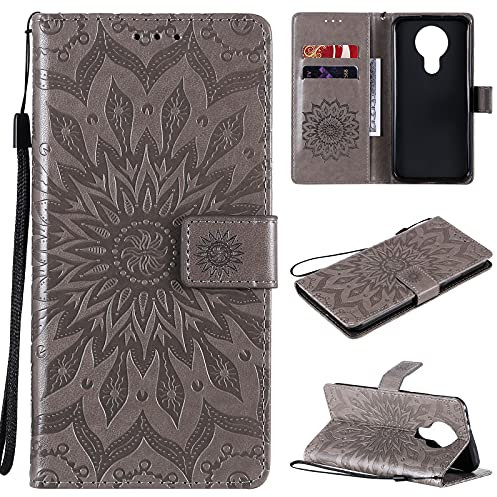nancencen Hülle Kompatibel mit Nokia 3.4, Flip-Case Handytasche - Standfunktion Brieftasche und Kartenfächern - Sun Flower - Gray
