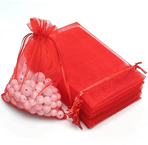 100 pz Sacchetti Regalo Caramella,Gioielli Sacchetto,bustine organza 10 Colori sacchetti organza per bomboniera Nozze Confetti Favore Gioielli (7 x 9 cm) (rosso)