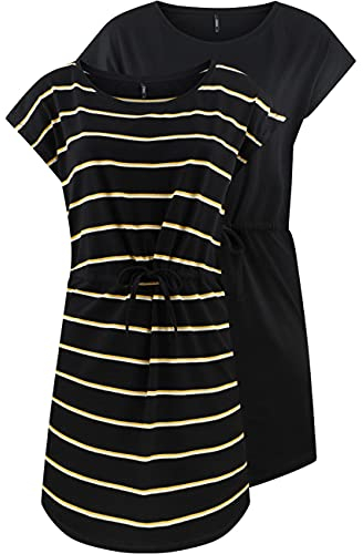 ONLY Damen Sommer Mini Kleid onlMAY S/S Dress 2er Pack Grösse XS S M L XL XXL Gestreift Schwarz 100% Baumwolle, Größe:L, Farbe:Black Double York Yellow